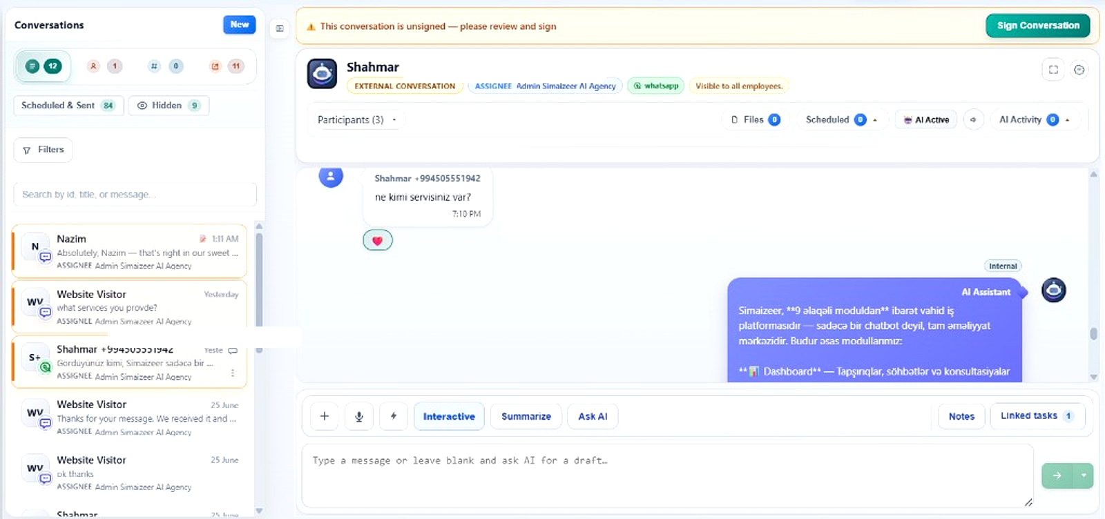 AI-assisted WhatsApp conversation in Simaizeer
